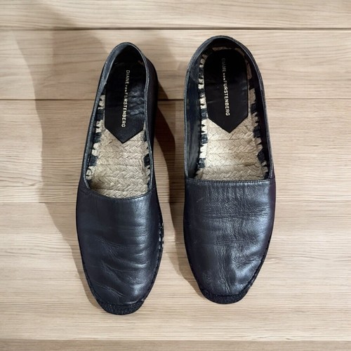 Diane Von Furstenberg DVF Black Leather Espadrilles Flats Sz 38/ 8M - Picture 8 of 10