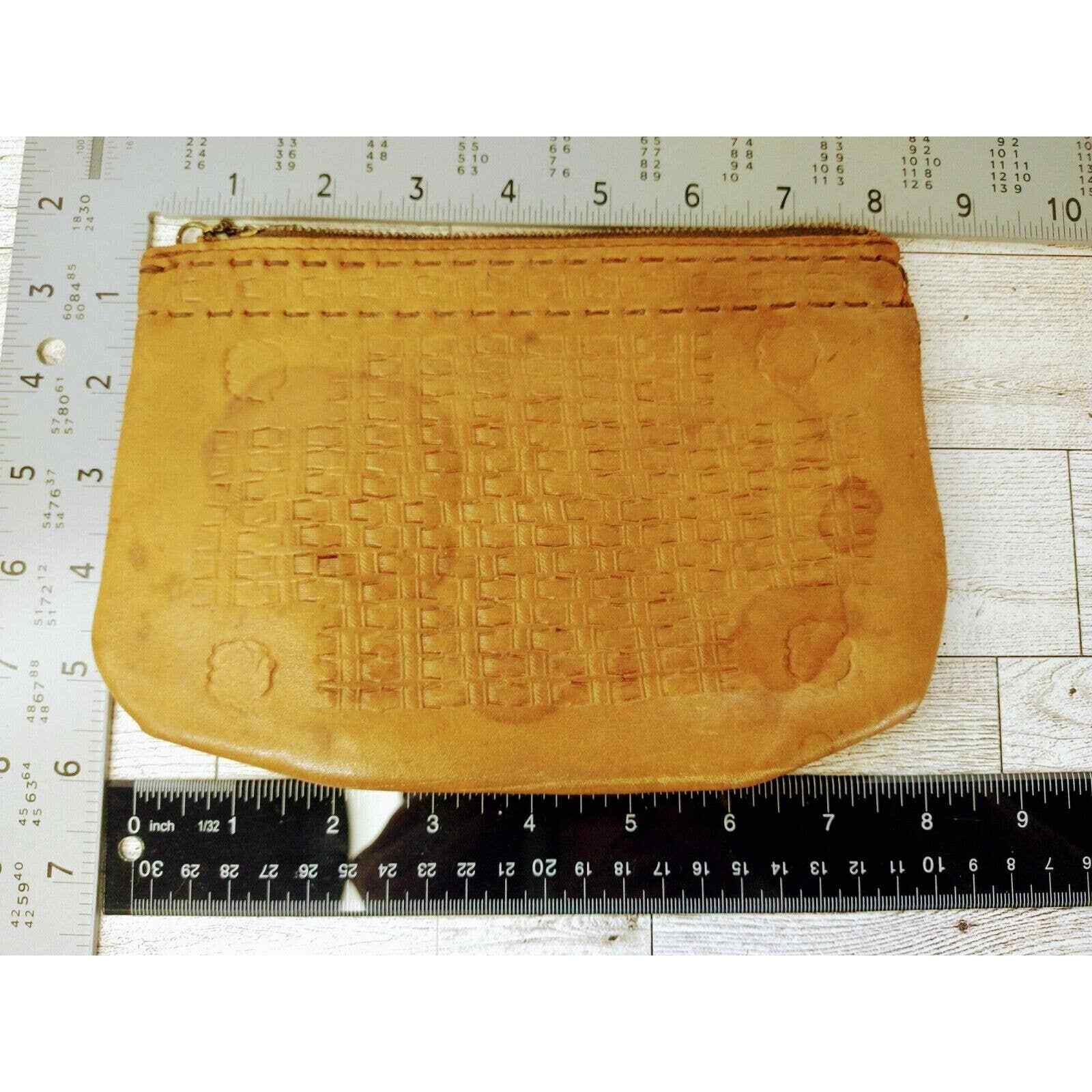 Vintage Tooled Leather - Small Bag Zippered Pouch - Weave Woven detail - 8"x6"