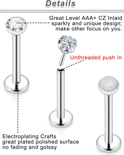20G 18G 16G Push in Theadless Nose Rings Studs Hypoallergenic Lip Labret Jewelry - 第 5/7 張圖片