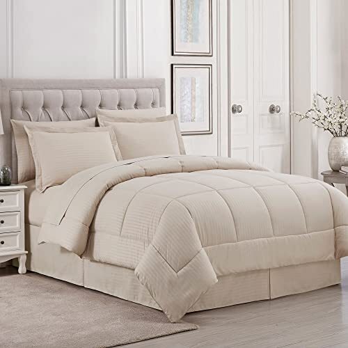Comforter Set 8 Piece Bed in a Bag with Bed Skirt, Fitted Queen 1 Dobby Beige-image