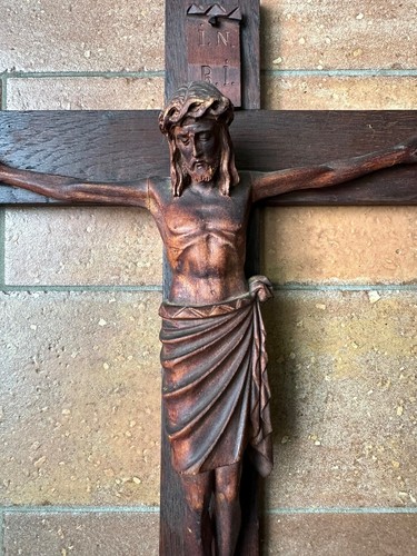 Antique Arts Crafts Mission Oak Sculpture Wood Crucifix Carved Christ Cross 26” - Picture 16 of 18