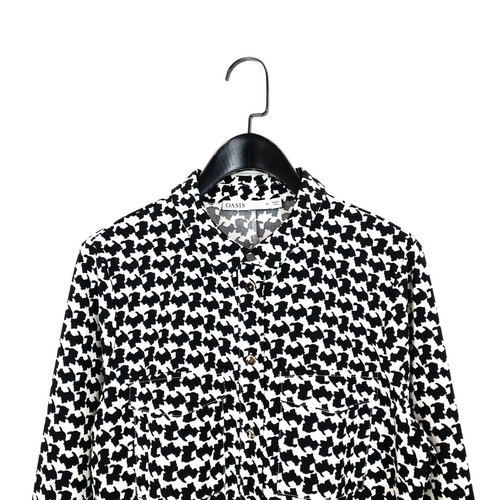 Oasis Monochrome Dog Print Button Up Collared Belted Midi Shirt Dress - Size 12 - Picture 3 of 13