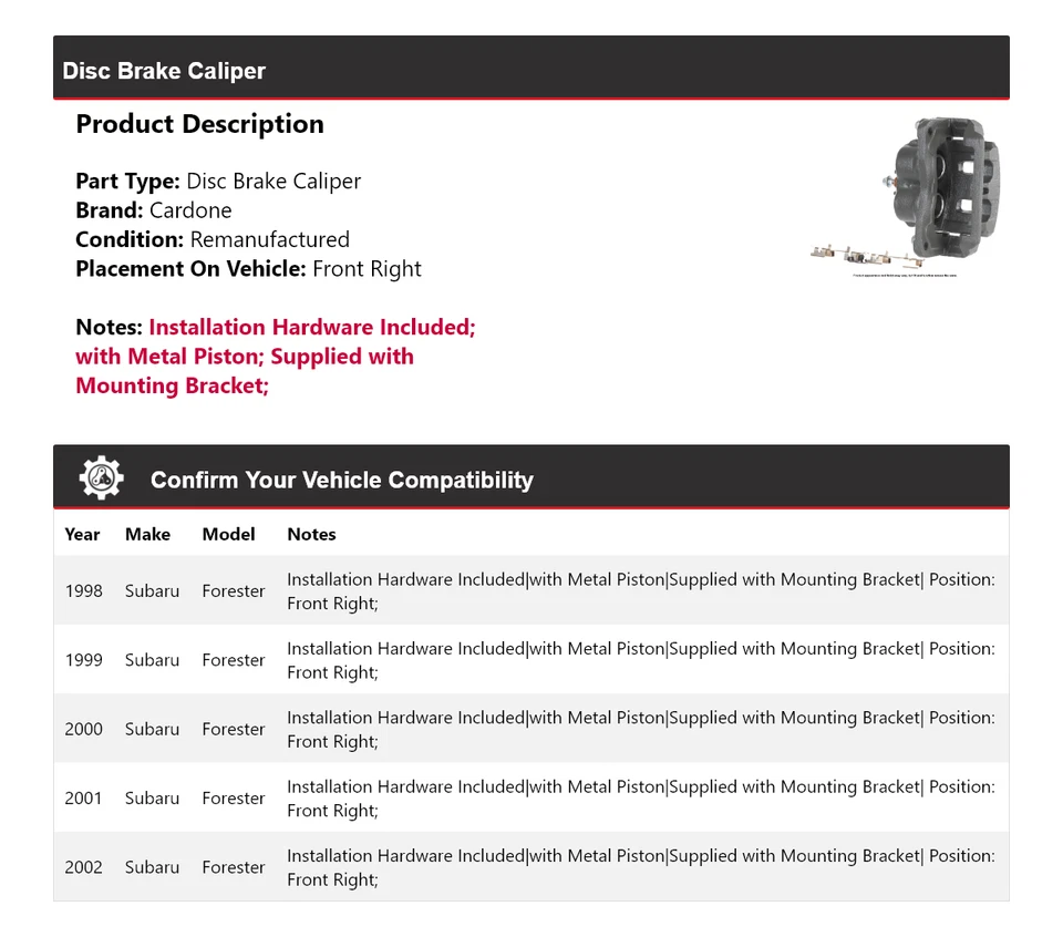 Pinza de freno de disco delantera derecha Cardone 1999 2000 para Subaru Forester 1998-2002 Foto 2 de 4