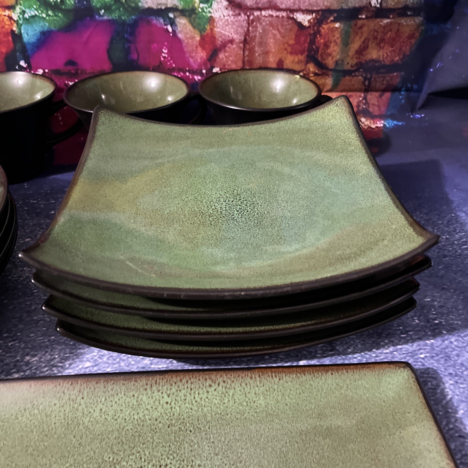 GABBAY Fusion WASABI Dinnerware Set of 11 Green Brown Trim STONEWARE