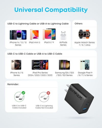 Anker Chargeur iPhone 16 20W USB C&USB-A Chargeur Mural avec Câble de Charge 5ft,Pack de 2 - Photo 7 sur 8
