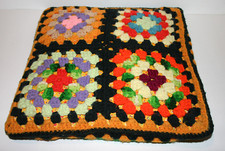 Vintage Handmade Crochet Granny Square Pillow Multicolor 15"x15"