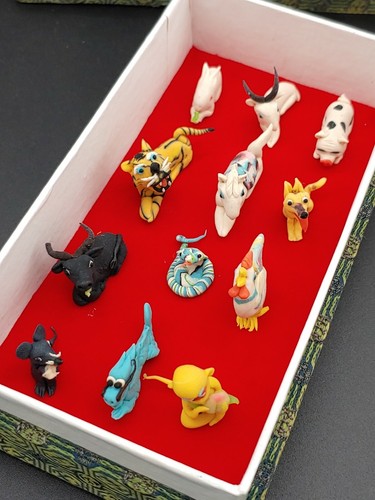 Group Vintage Chinese Handmade Colors Flour Sculpture Zodiac Animal Statues Gift - Picture 6 of 12