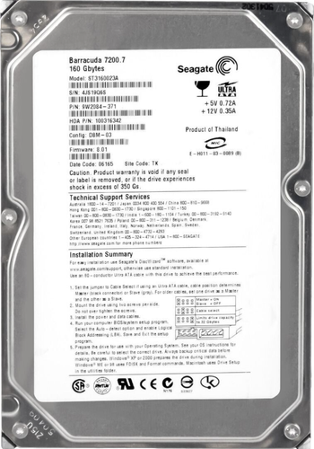 Disque Dur Seagate Barracuda ST3160023A 160 Go 7200 Tr/min 8 Mo ATA IDE 3,5" - Photo 3/3
