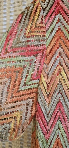 Duster Style Open-Knit Cardigan in Bright Orange Pink Green Zig-Zag Pattern - Picture 3 of 16