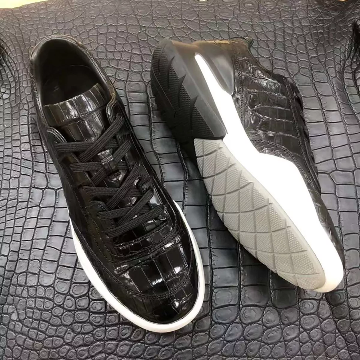  Mens Genuine Leather Smart Sneakers Crocodile Pattern Lace Up  Casual Black Shoes US Size 10