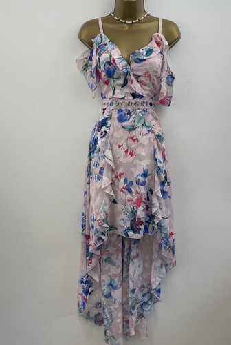 Lipsy Floral Dress 10 Cold Shoulder Pink Blue Hi Low Party Occasion Summer Chic - Picture 18 of 24