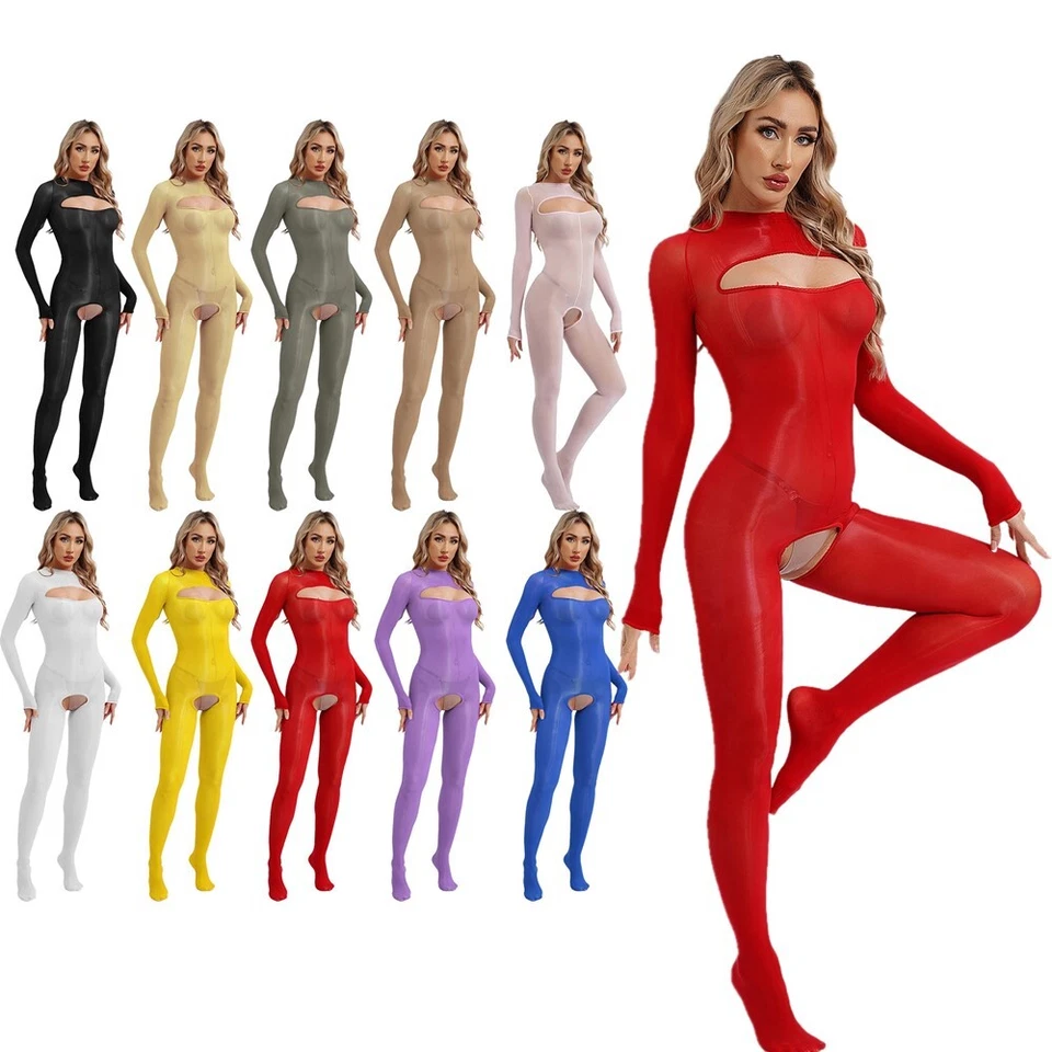 Damen Bodysuit Langarm Bodystockings Glänzend Catsuit Verlockend Strumpfhosen - Bild 2 von 4