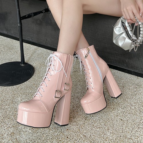 Damen Stiefeletten Blockabsatz Plateau Reißverschluss Schnürung Pumps,High Heels - Bild 1 von 28