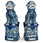 US Seller - Blue and White Canton Porcelain Chinese Foo Dogs Set