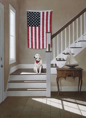 Waiting - Zhen-Huan Lu Art Print American Flag Golden Retriever Dog Poster 13x19