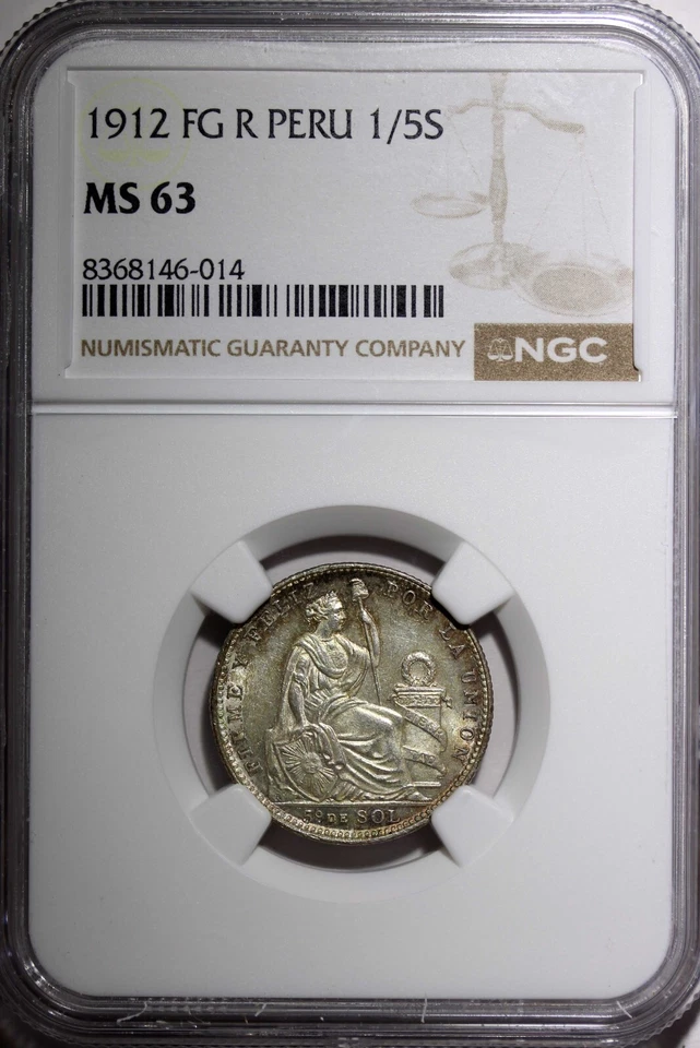 PERU Silver 1912 FG R 1/5 Sol NGC MS63 Mintage-300,000 Nice Toned KM# 205.2 (4) - Image 2 of 4