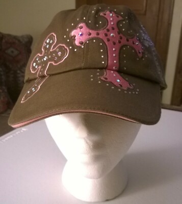 Ladies Brown Tan Gold Glitter Rhinestone CROSS Wings Embroidered Ball Cap Hat Ladies Brown Tan Gold Glitter Rhinestone CROSS Wings Embroidered Ball Cap Hat