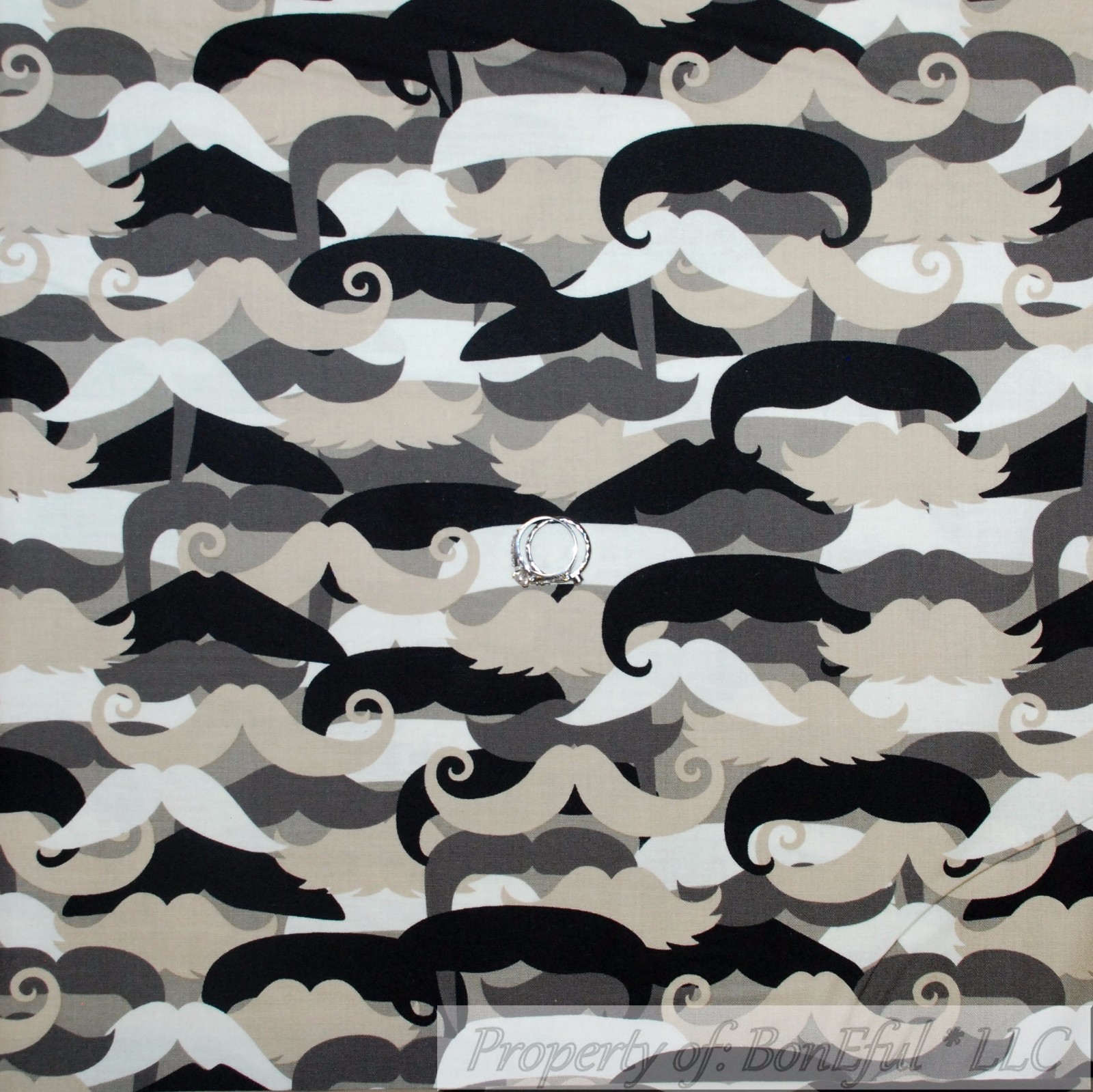 BonEful Fabric Cotton Quilt Black White B&W Gray Men Mustache Swirl LAST SCRAP