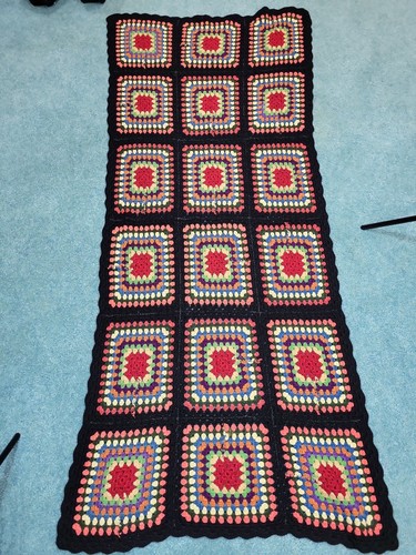 Vintage Black Granny Square Afghan Crochet Lap Blanket Quilt Handmade 70x32 - Picture 2 of 5