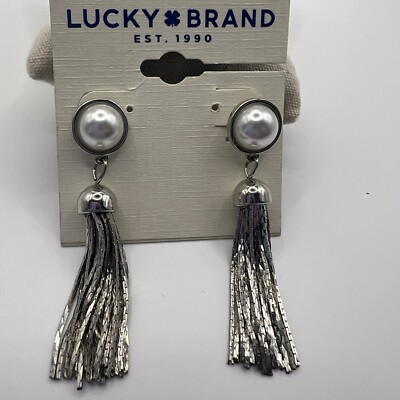 LUCKY BRAND Faux Pearl With Tassel Drop Dangle Silver Tone Earrings NEW
