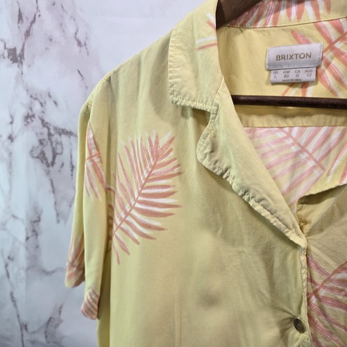 Brixton Shirt Womens Large Yellow Pink Button Short Camp Boxy Jungle Palm Leaf - Picture 2 of 11