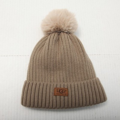 UGG Hat Beanie Fitted One Size Beige Knit Faux Fur Pom Lined Winter Womens