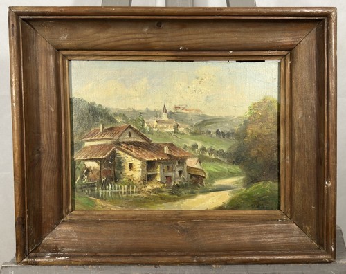 Ancienne huile sur panneau signée : vue d'un village en France Ecole Française - Photo 1/12