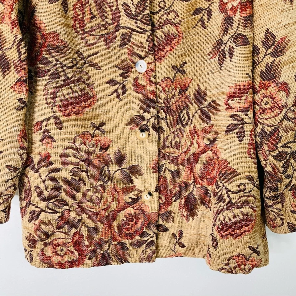 Vintage tan red brown floral tapestry cottagecore rose button jacket 16W - Image 3 of 4