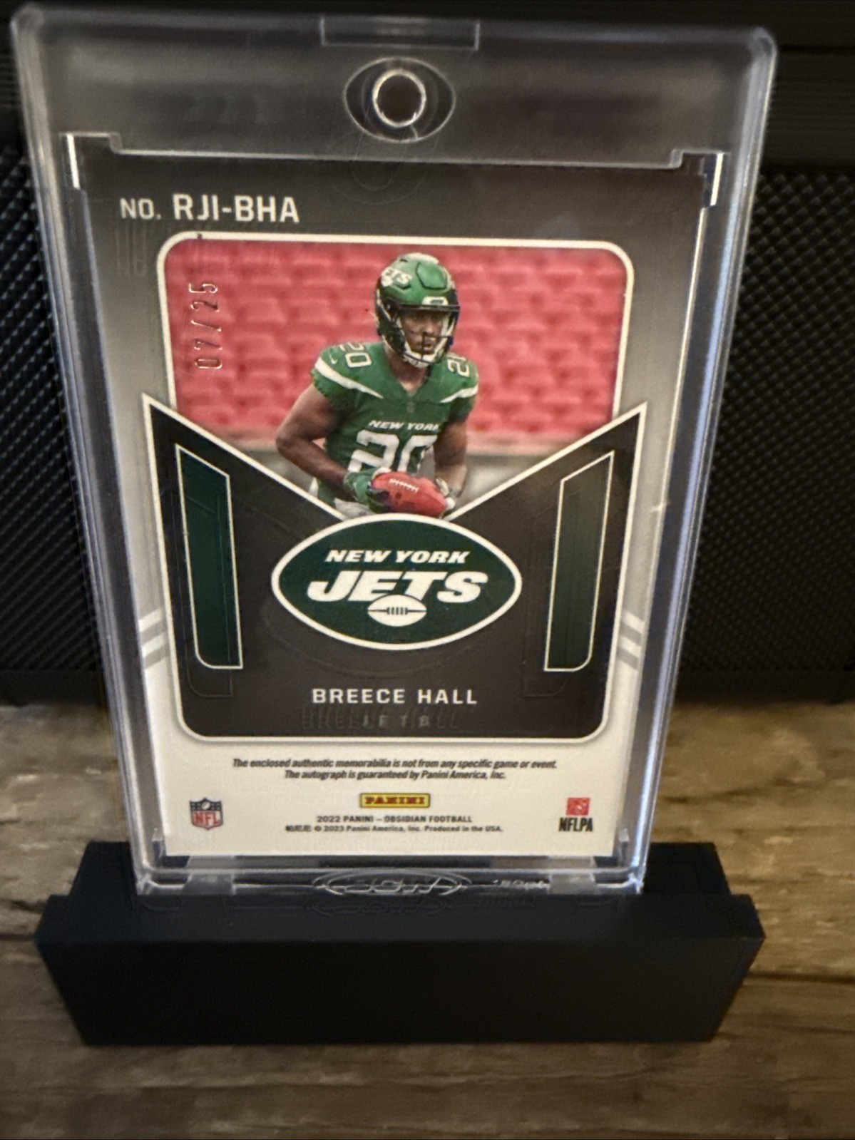 2022 Obsidian Breece Hall Rookie Dual Jersey Patch Auto RPA /25 Jets Yellow view 2