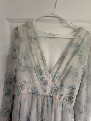 Baltic Born White Floral Maxi Dress V-Neck Balloon Sleeve Tie Button Lined