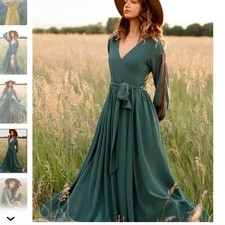 Bohme Dark Green Chiffon Wrap Maxi Dress Long Sleeve Formal Gown Green Small