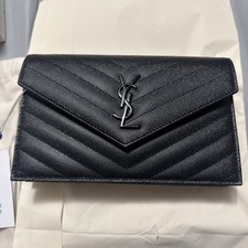 YSL Black Grained Leather Wallet on Chain