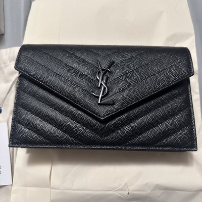 YSL Black Grained Leather Wallet on Chain