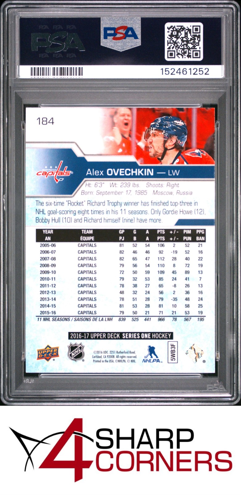 2016 UPPER DECK #184 ALEX OVECHKIN CAPITALS PSA 10 view 2