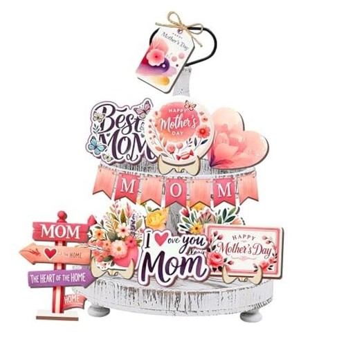 21 Pcs Mother’s Day Table Decor Set - Happy Mothers Day Wooden Sign, Pink