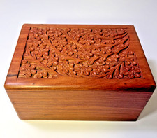 Carved Wooden BOX Pet Memorial Box Urn Bottom Slide Door Tree Of Life Flower