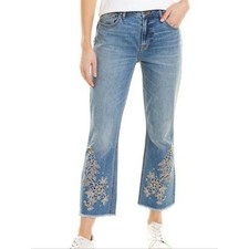 Johnny Was Light Blue Cropped Jeans with Cream Embroidered Details