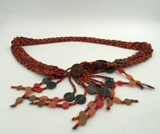 Adjustable Coral, Orange and Brown Seed Bead Braided Belt Wood Closure Fringe