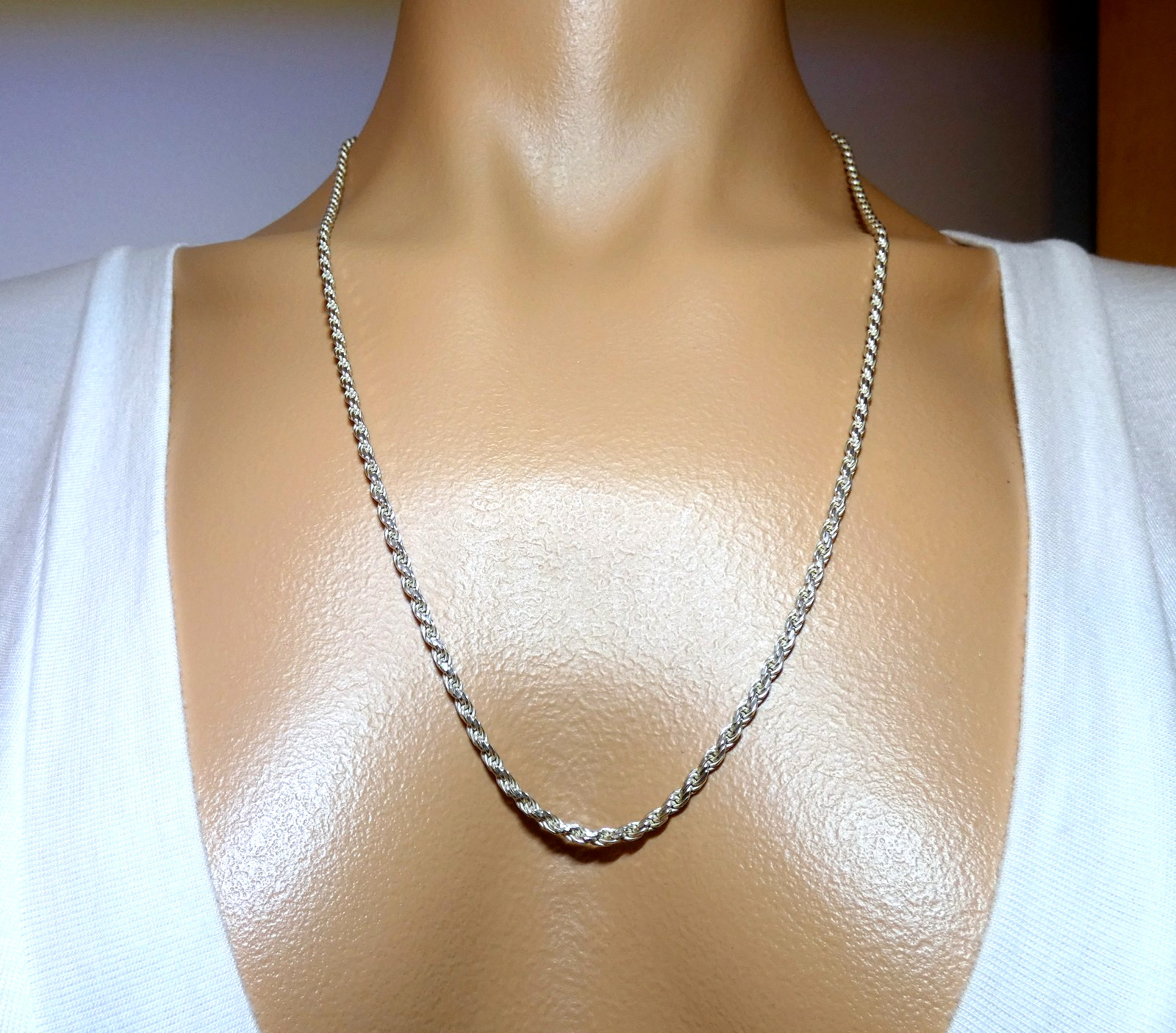 Solid Sterling Silver Diamond Cut Rope Chain Neck… - image 4