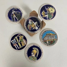 Set of 6 Greece 24 K Coasters Vintage W Holder Labeled Made In Greece