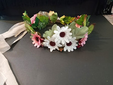 Floral Flower Crown Headpiece for Women Fabric Green White Pink Ribbon Bow