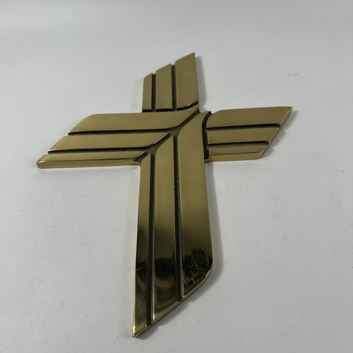 Brass Golden Cross Christian Home Wall Hanging Abstract Mid Century Modern Heavy - Picture 2 of 10