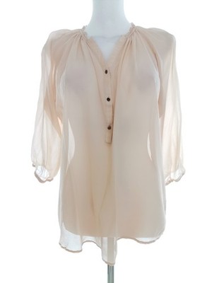 CUSTOMMADE Damen Knopf Halsbluse Gr. 42 Beige 3/4 Ärmel Knöpfe Einfarbig