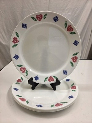 Set of 4 Corelle by Corning Quilt Hearts 10 1/4'' Dinner Plates Red Blue Green