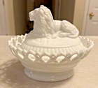 Vintage Westmoreland Milk Glass Lion on Nest Lacey Dish