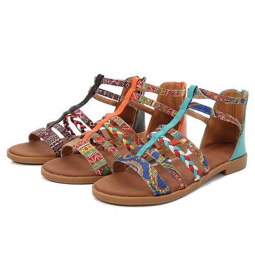 Boho Ethno-Stil Römer Damen offene Zehenpartie Reißverschluss Sandale flache Schuhe Sommer Größe - Bild 4 von 27