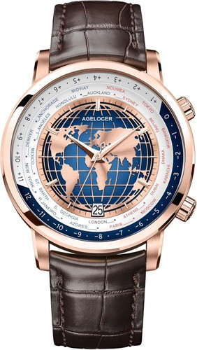 AGELOCER Men's Automatic Watch Blue Planet Sapphire Leather Strap World Watches - Picture 37 of 49