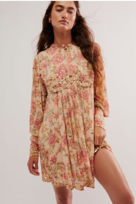 Free People Bali Golden Sun Printed Embellished Beaded Party Mini Dress XL  | eBay