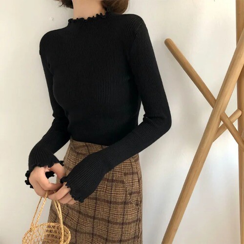 Fall Winter Ruffles Sweater Turtleneck Ruched Women Sweater Knitted Pullovers - Picture 19 of 23