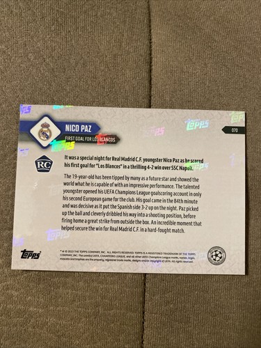 Topps Now 23-2024 UEFA CHAMPIONS LEAGUE #70 NICO PAZ REAL MADRID RC PARALLEL /99 - Bild 2 von 2
